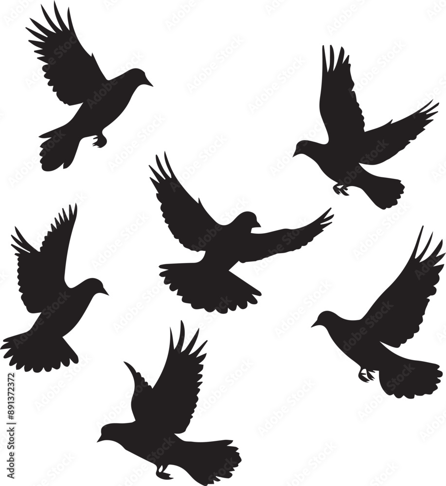 set of silhouettes of birds in flight, vector