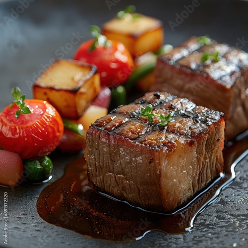 fine dining at it's best, a plate of A5 Wagyu beef with black truffle jus and baby vegetables photo