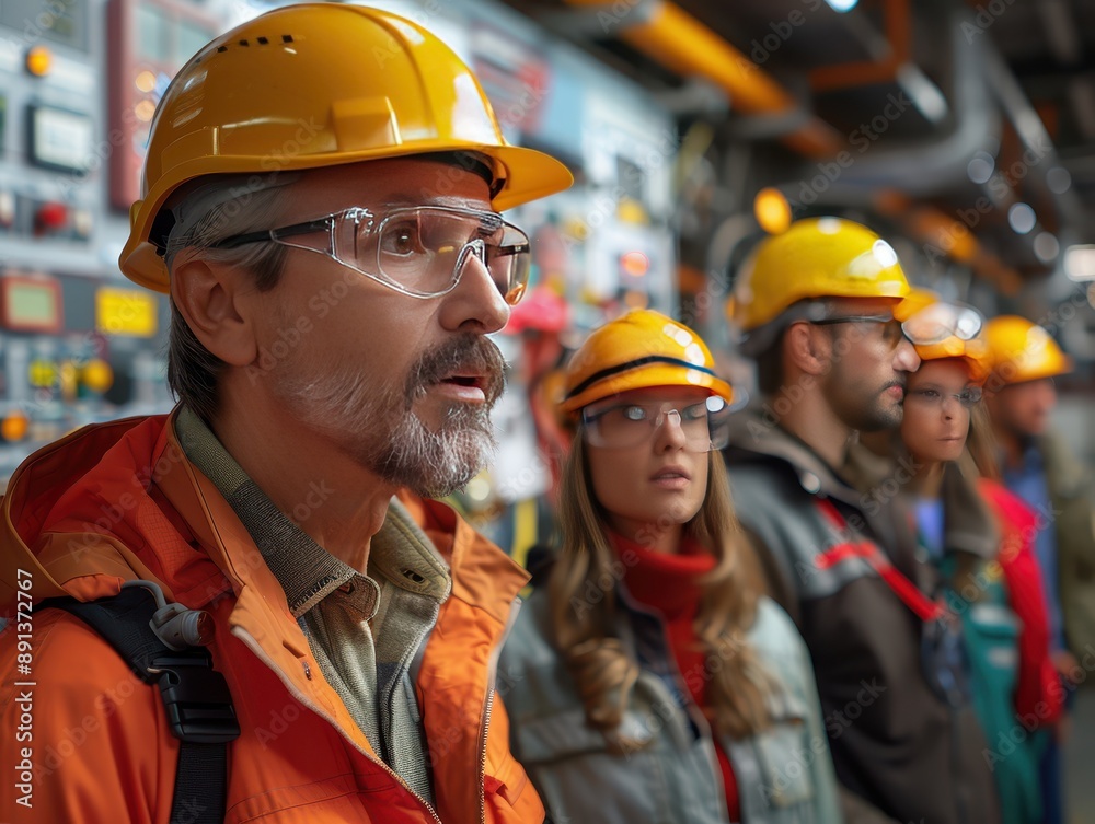Hyper-Realistic 3D Rendering of Factory Safety Training Session with Workers in PPE Engaged in Ongoing Education Hyper-Realistic 3D Rendering of Factory Safety Training Session with Workers in PPE Engaged in Ongoing Education