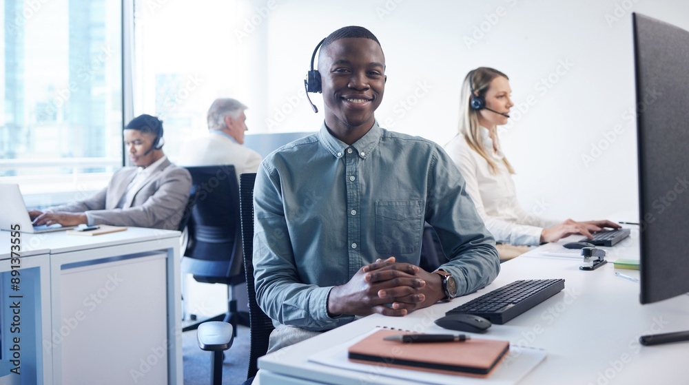 Customer service, call center and portrait of man on computer for sales, online help or consulting. Corporate, coworking office and person with headset for communication, crm support or telemarketing Customer service, call center and portrait of man on computer for sales, online help or consulting. Corporate, coworking office and person with headset for communication, crm support or telemarketing