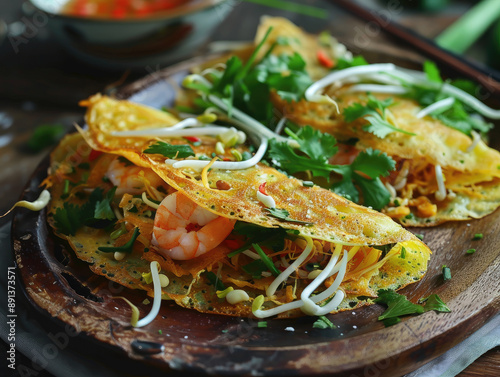 Traditional Banh Xeo: Vietnamese Savory Crepes with Shrimp and Bean Sprouts photo