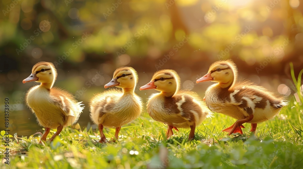 Obraz premium Four ducklings walk in a line on green grass bathed in sunlight