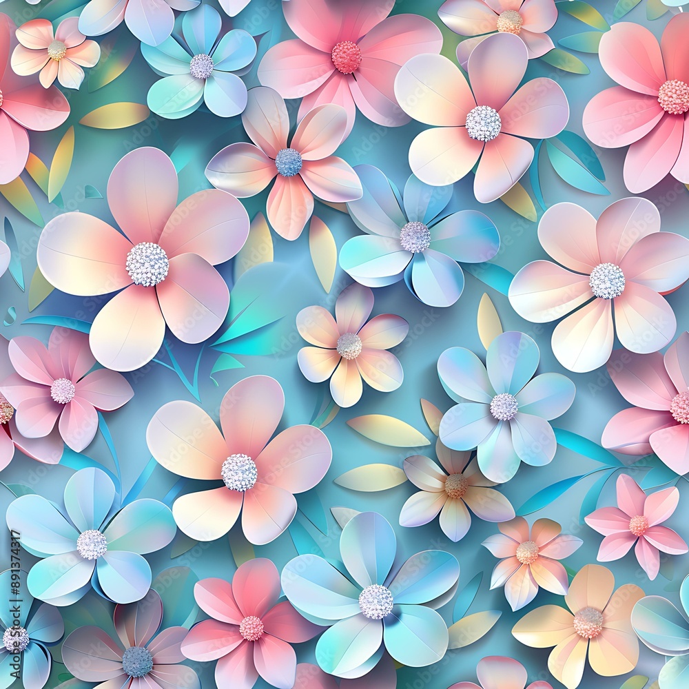 of seamless pattern with 3D spring flowers in vibrant pastel colors of seamless pattern with 3D spring flowers in vibrant pastel colors