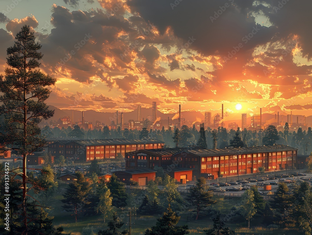 Stunning 3D Rendering of Factory Exterior at Sunset in 8K Resolution | Industrial Sunset Beauty with Dramatic Sky and Long Shadows Stunning 3D Rendering of Factory Exterior at Sunset in 8K Resolution | Industrial Sunset Beauty with Dramatic Sky and Long Shadows