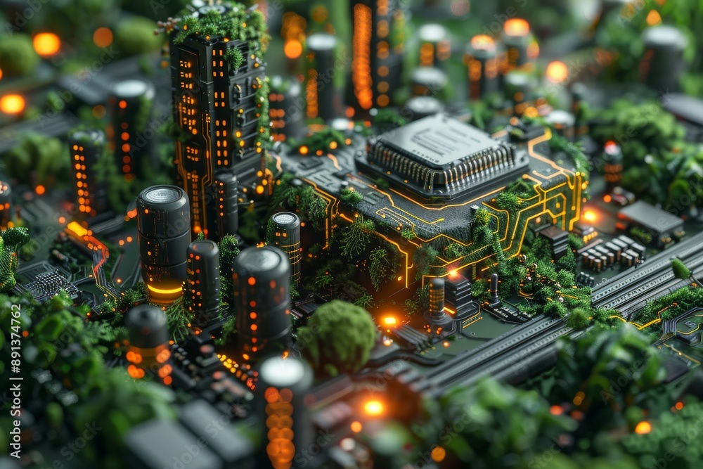 Obraz premium Electronics cyberspace with micro microchip, cyberspace background. Generative AI