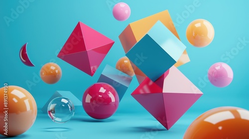 Vibrant 3D rendering of various geometric shapes, including spheres, cubes, and pyramids, floating against a blue background.