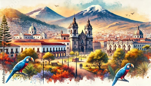 A watercolor painting of Ecuador's landmarks, featuring Quito's colonial architecture, Avenue of Volcanoes, and Galápagos wildlife.