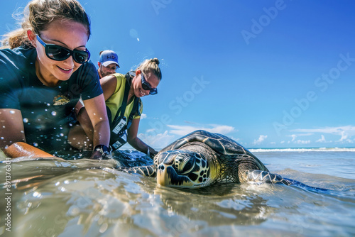 Marine biologists tagging and releasing a rescued sea turtle into the ocean, sunny day