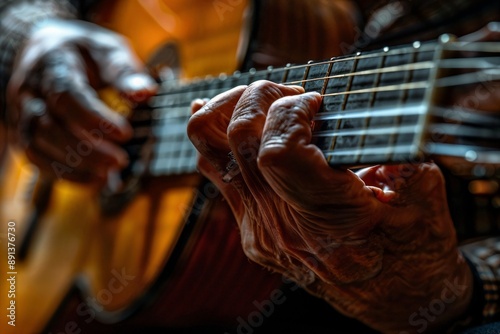 a close up of a person playing a guitar