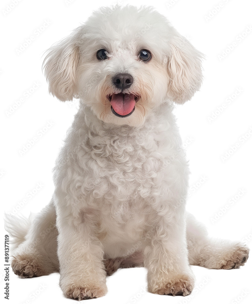 A small, fluffy white dog with curly fur sits happily, panting with its tongue out.
A small, fluffy white dog with curly fur sits happily, panting with its tongue out.