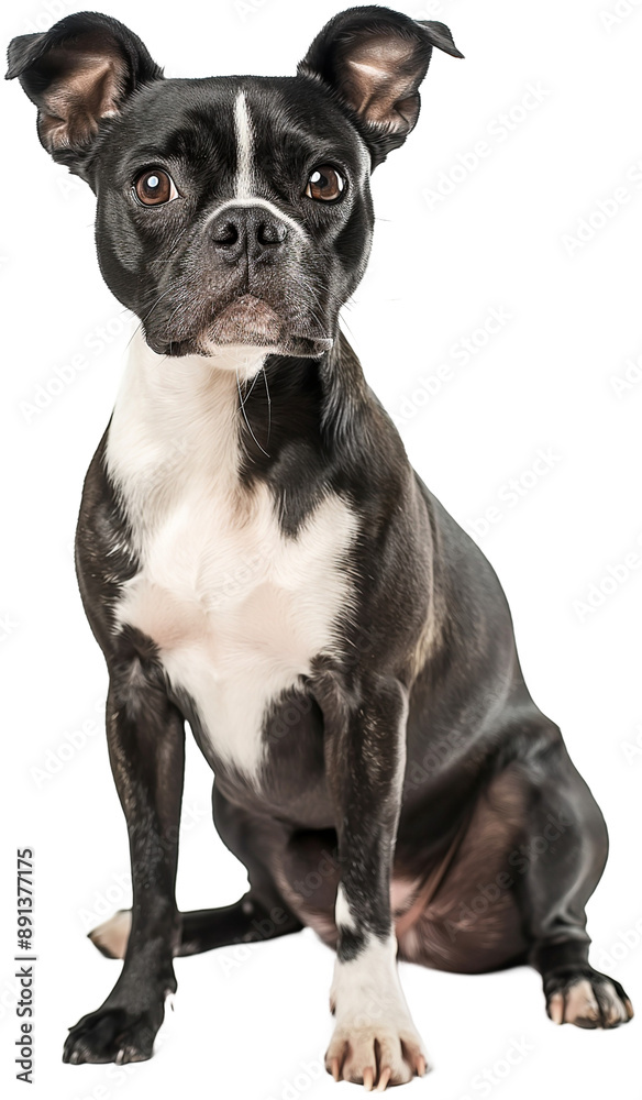 A seated Boston Terrier with a curious expression, showing its black and white coat.
A seated Boston Terrier with a curious expression, showing its black and white coat.
