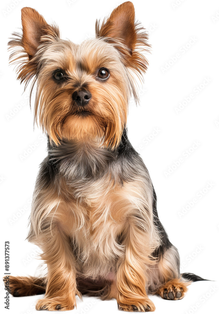 A standing Yorkshire Terrier with a confident expression, showing its silky black and tan coat.
A standing Yorkshire Terrier with a confident expression, showing its silky black and tan coat.