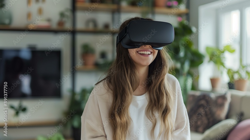 Woman Using Virtual Reality Headset Indoors Woman Using Virtual Reality Headset Indoors