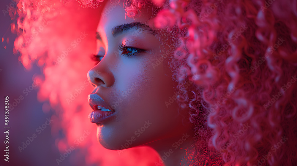 Pink curly hair African girl closeup portrait
