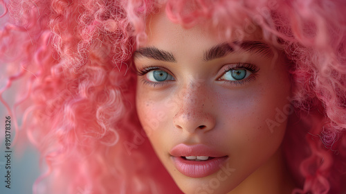 Pink curly hair African girl closeup portrait