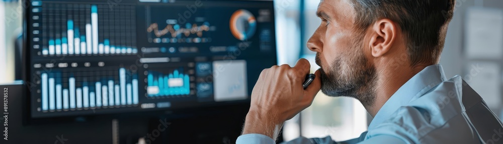 Wealth manager analyzing portfolio diversification on a digital screen, sophisticated office, detailed graphs and charts, management, loans, portfolio Wealth manager analyzing portfolio diversification on a digital screen, sophisticated office, detailed graphs and charts, management, loans, portfolio