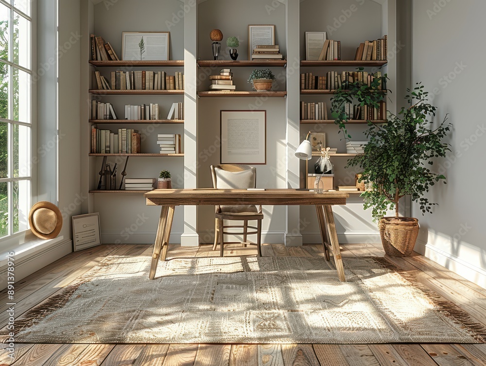 Fototapeta premium Modern Minimalist Home Office with White Desk, Chair, and Greenery in 3D Rendering