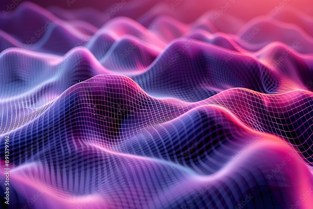 Abstract Digital Landscape with Vibrant Waves and Grid Patterns