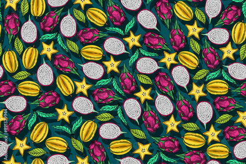 seamless pattern star fruit and dragon fruit  vector drawing