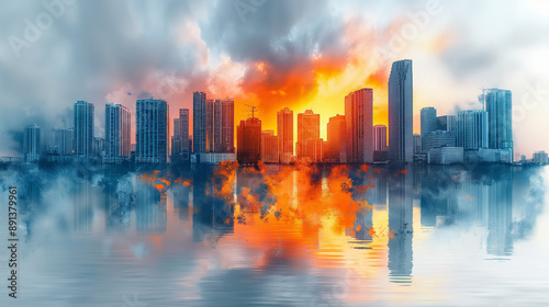 Miami skyline in aqua, orange, white and marine blue, bold, fine lines, artistic.