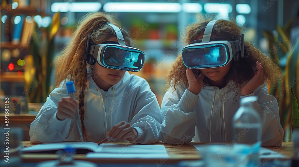 Two Students Explore Biology Using Virtual Reality Headsets in a Modern Classroom Two Students Explore Biology Using Virtual Reality Headsets in a Modern Classroom