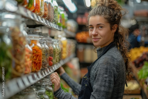 A grocery store worker is seen organizing jars on a shelf, focused and diligent, surrounded by various items in a well-lit and neatly arranged store aisle.