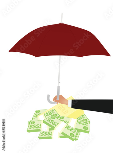 Hand hold umbrella in front of money and gold. vector illustration