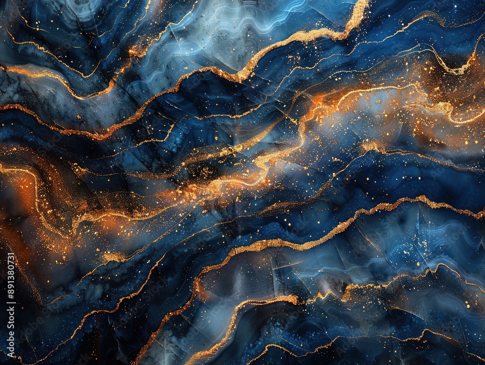 Fluid Art. Liquid Metallic Gold in abstract blue wave. Marble effect background or texture. Fluid Art. Liquid Metallic Gold in abstract blue wave. Marble effect background or texture.