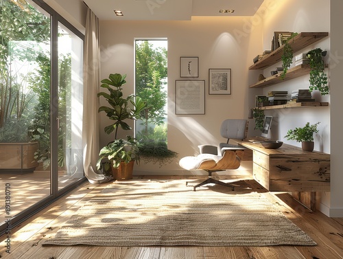 Modern Minimalist Home Office 3D Rendering with Desk, Chair, and Bookshelf under Natural Light