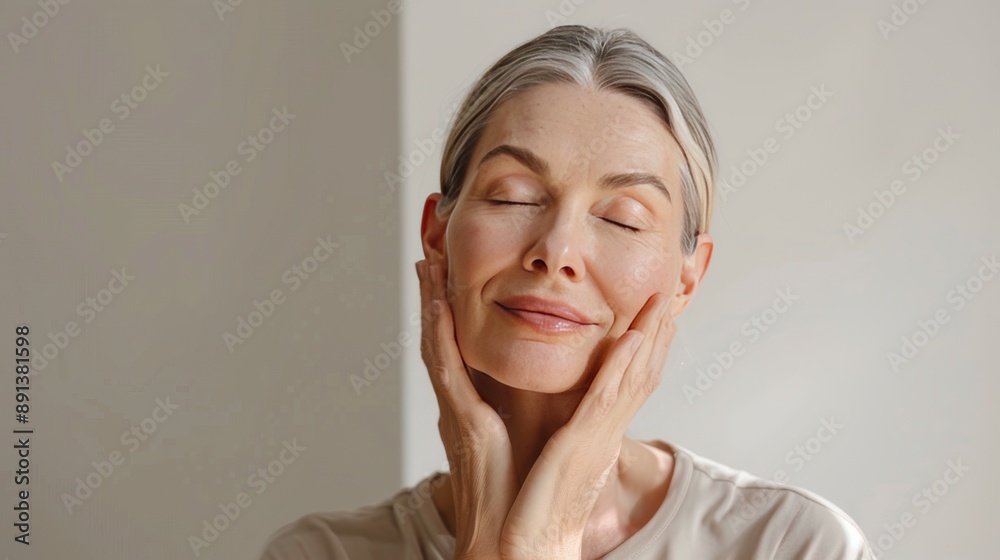 beauty portrait of a smiling woman 50 years old with gray hair on a beige background, concept of natural female beauty and skin care beauty portrait of a smiling woman 50 years old with gray hair on a beige background, concept of natural female beauty and skin care