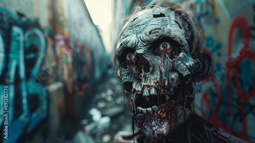 Ghastly zombie with gnarled limbs and a snarling expression in a dark alley covered in graffiti on a white isolated background