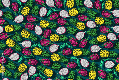 seamless pattern pineapple and dragon fruit vector drawing