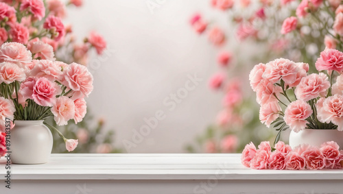 Empty white wooden table for product display with Carnation garden background