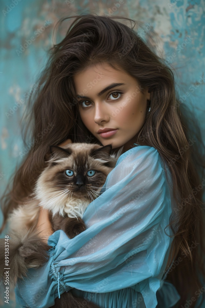 Middle Eastern Woman in Blue Dress Holding Himalayan Cat Middle Eastern Woman in Blue Dress Holding Himalayan Cat