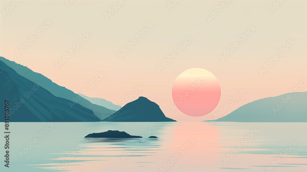Naklejka premium Calm minimalist sunset landscape with mountains, lake and island silhouette