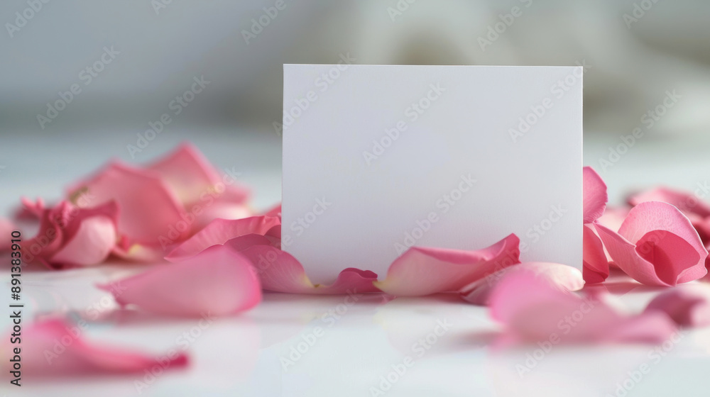 A white blank card surrounded by delicate pink rose petals, creating a romantic and elegant setting. A white blank card surrounded by delicate pink rose petals, creating a romantic and elegant setting.