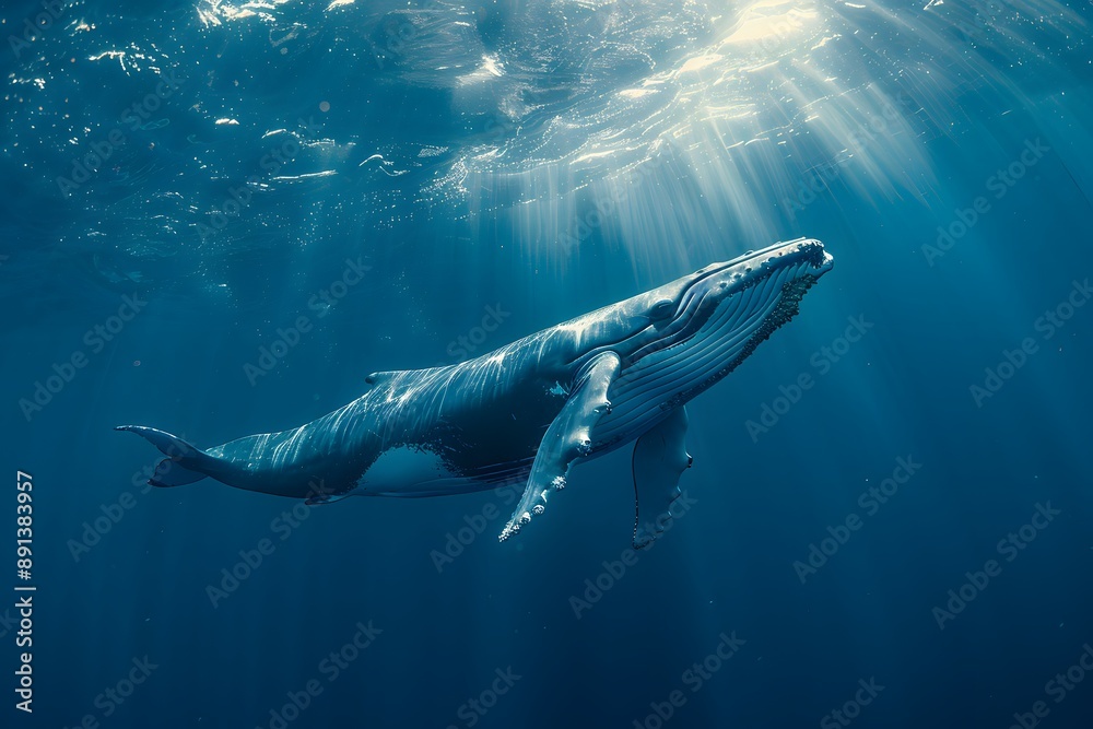 Fototapeta premium Majestic Humpback Whale Gliding Through Sunlit Waters