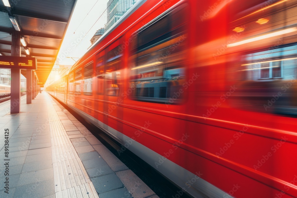 Blurred motion of red train at station Blurred motion of red train at station
