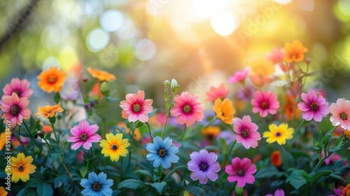 A variety of vibrant flowers blooming in a sunlit garden, creating a colorful and cheerful outdoor scene. © tashechka