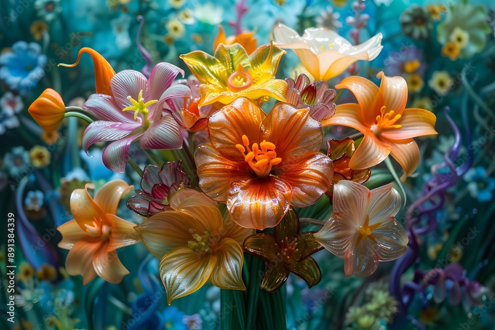Fototapeta premium Vibrant Floral Arrangement with Colorful Glass Flowers Against a Lush Background