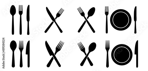 Silverware icons. Fork, knife, plate and spoon. Menu symbol. Black silverware icon. Vector illustration.