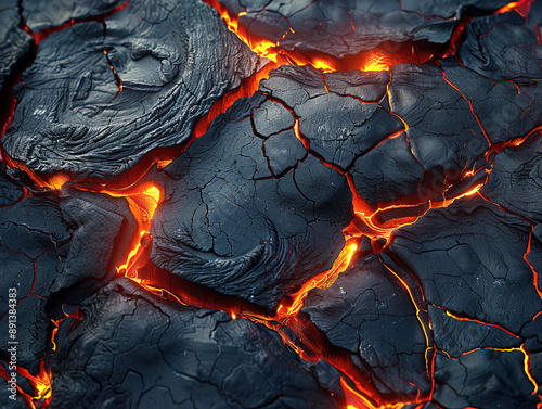 Aerial view of the texture of a solidifying lava field, close-up photo