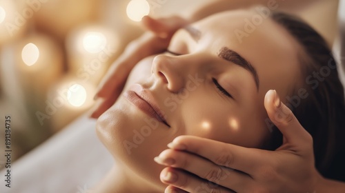 Beautiful young woman receiving facial massage and relaxation in spa atmosphere with warm candle lights in the background