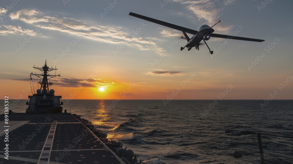 Navy Fire Scout UAV Soars Over Aircraft Carrier at Sunset in Atlantic Ocean, Creating a Breathtaking Scene Navy Fire Scout UAV Soars Over Aircraft Carrier at Sunset in Atlantic Ocean, Creating a Breathtaking Scene