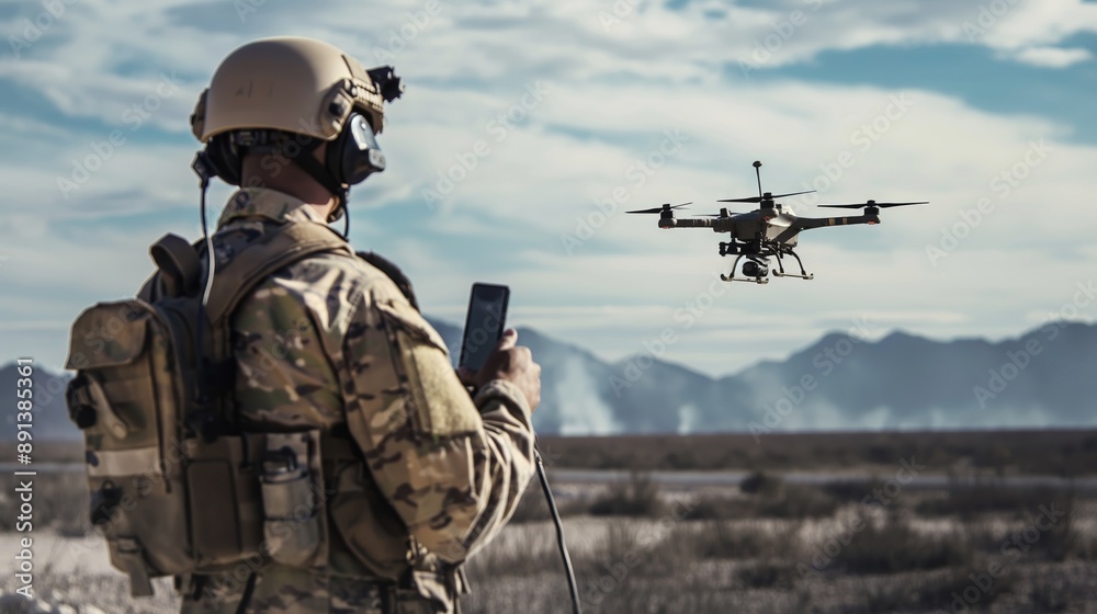 Special Forces soldier in desert on recon mission with advanced military drone. High-tech unmanned system for surveillance and target tracking. Special Forces soldier in desert on recon mission with advanced military drone. High-tech unmanned system for surveillance and target tracking.