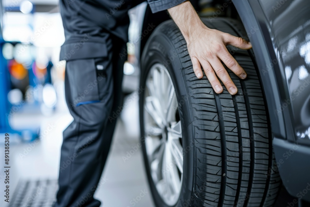 Professional Mechanic Fitting High-Performance Tire to Alloy Wheel in Clean Garage. Beautiful simple AI generated image in 4K, unique. Professional Mechanic Fitting High-Performance Tire to Alloy Wheel in Clean Garage. Beautiful simple AI generated image in 4K, unique.