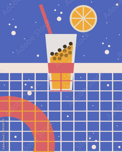 Bubble Tea concept. Pool party invitation card design template. Trendy Boho Groovy geometric style vector aesthetic poster. EPS 10