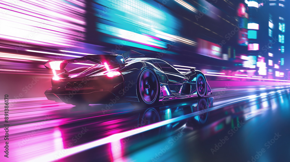 Futuristic sports car driving in neon lights, reflections, cityscape, glowing, high speed, night drive, urban environment, sci-fi, vibrant, fast car concept