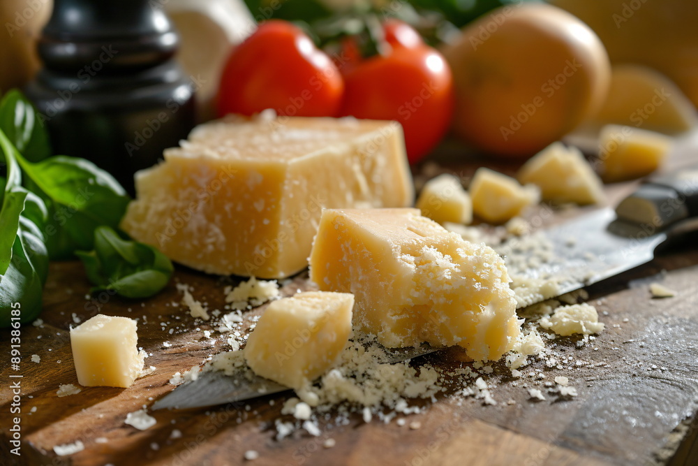 freshly sliced ​​hard cheese against a rustic background