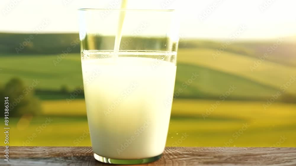 Close-up of a glass of milk on a wooden windowsill with a sunny countryside meadow in the background. Rural farm dairy product, organic fresh milk, healthy nutrition, and natural drink Close-up of a glass of milk on a wooden windowsill with a sunny countryside meadow in the background. Rural farm dairy product, organic fresh milk, healthy nutrition, and natural drink